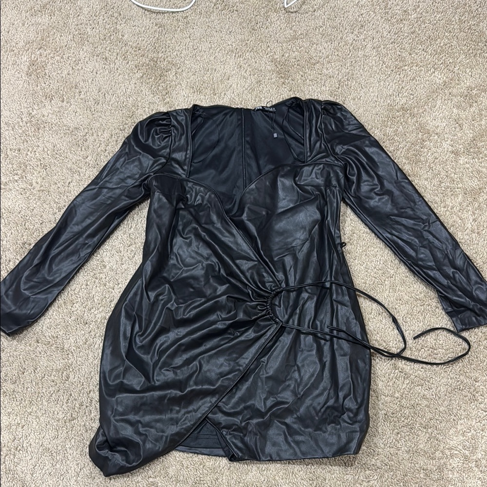 Zara Black Faux Leather Long-Sleeve Wrap Dress
